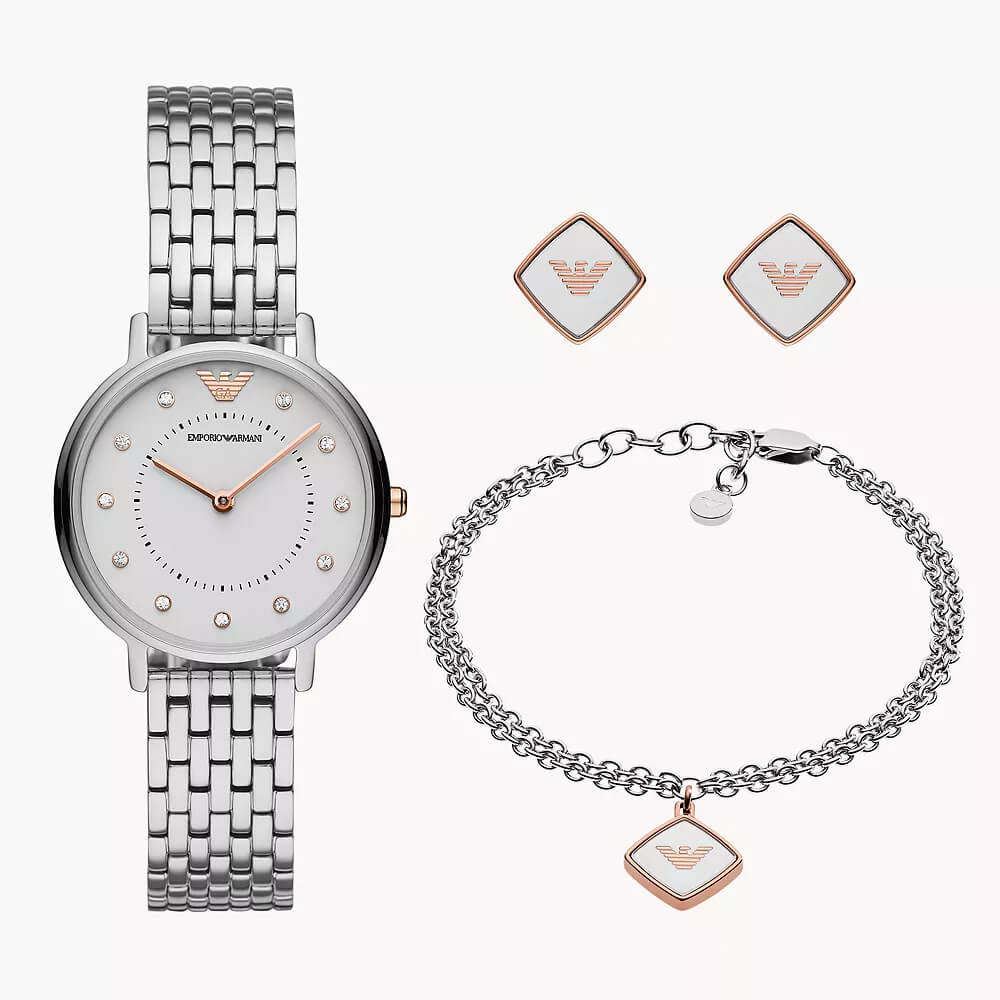 Emporio Armani Damen-Zweizeigeruhr aus Edelstahl im Geschenkset